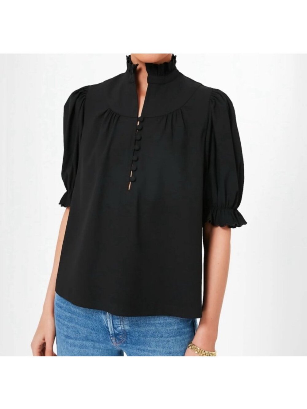 Pomander Place Selena Blouse Size M Ruffle Neck Button Front Puff Sleeve Black